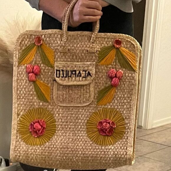 Vintage 60s Acapulco Tote Beach Bag Straw Woven Large Shopper 3D Rattan Flowers - Picture 2 of 12